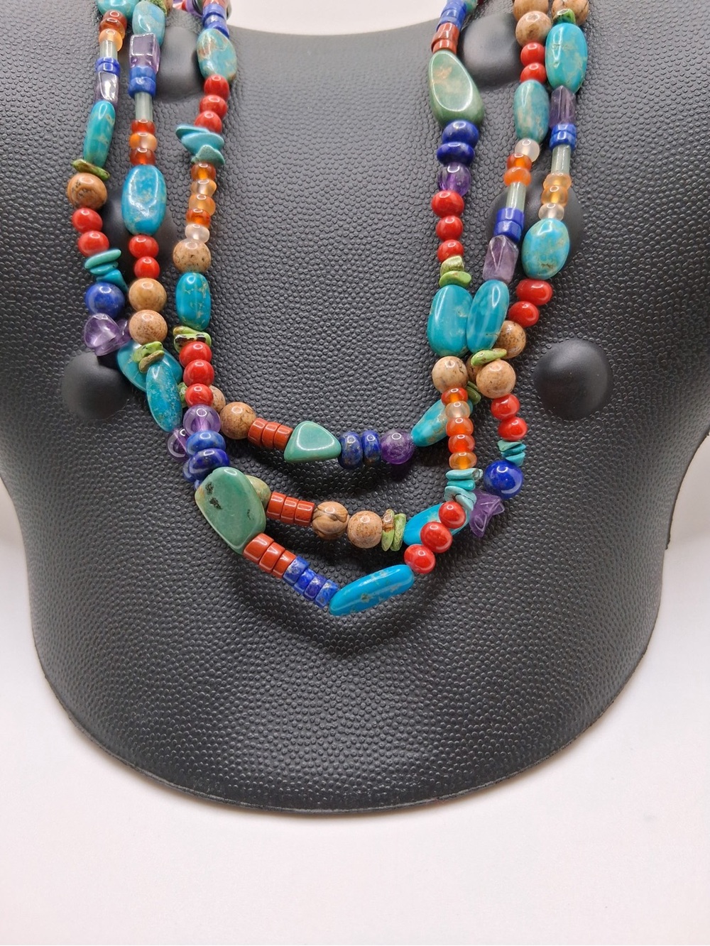 Vintage Multi Strand Gemstone Bead Necklace Turquoise Coral Amethyst 925